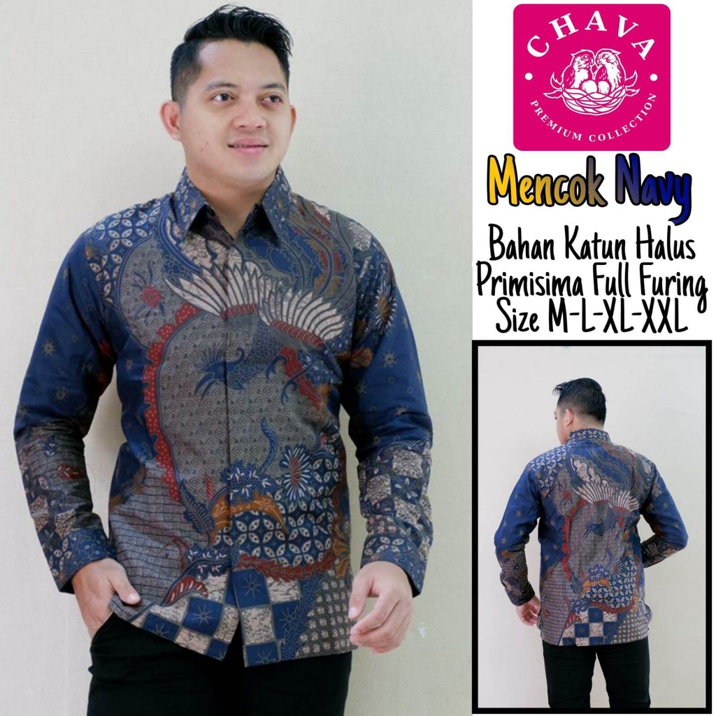 Baju batik pria lengan panjang warna navy terbaru / kemeja batik warna biru navy lapis furing Mencok