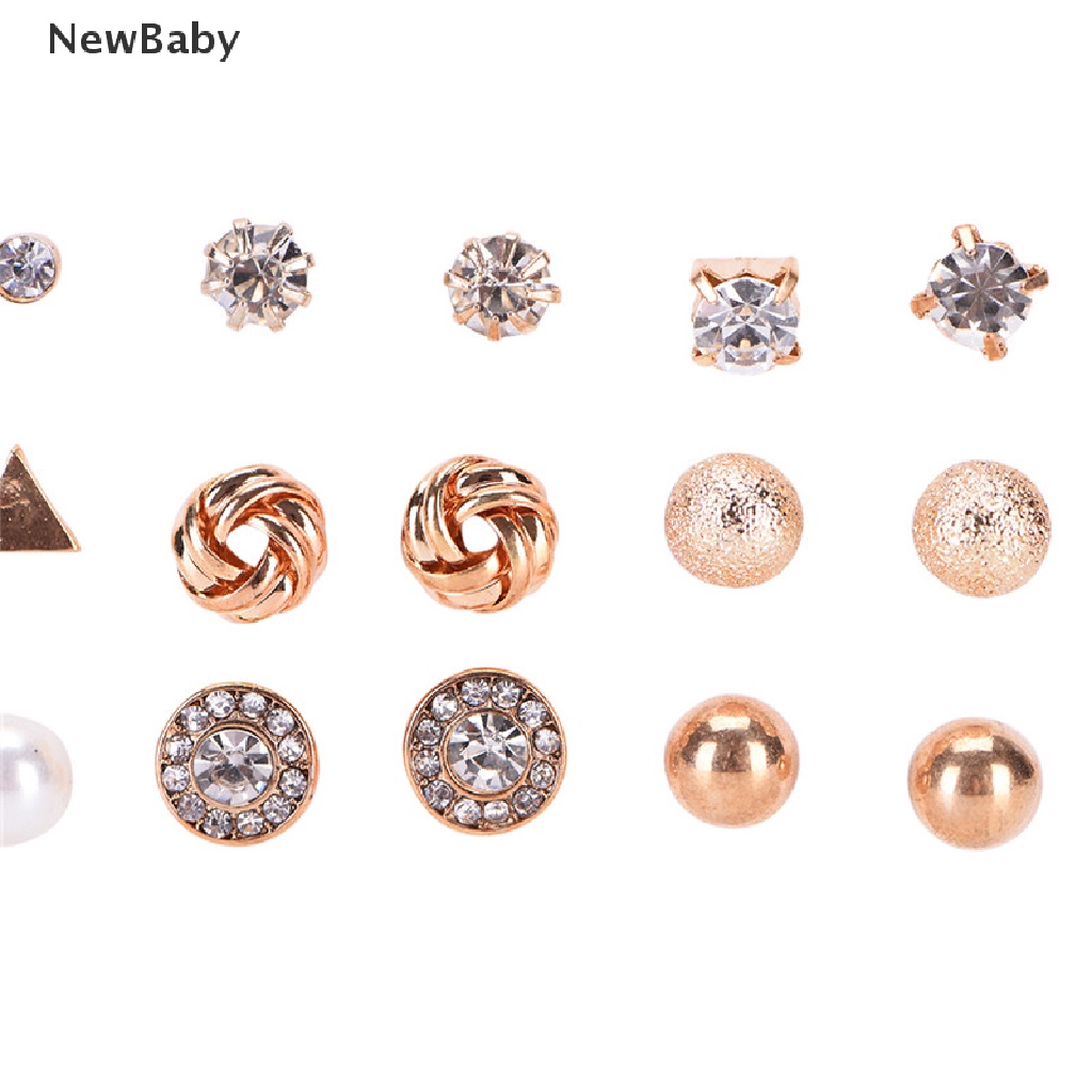 12 Pasang / Set Anting Stud Bentuk Hati Segitiga Aksen Mutiara Kristal Untuk Wanita