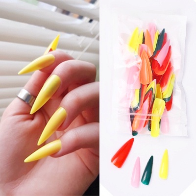 100pcs / Set Kuku Palsu Akrilik Panjang Full Coverage Warna Polos Untuk Nail Art / Manicure DIY