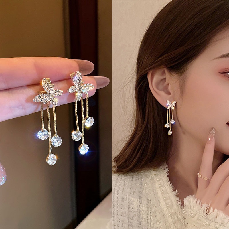 Anting 925 Silver Needle Desain Kupu-Kupu Aksen Berlian Penuh Gaya Perancis Untuk Wanita