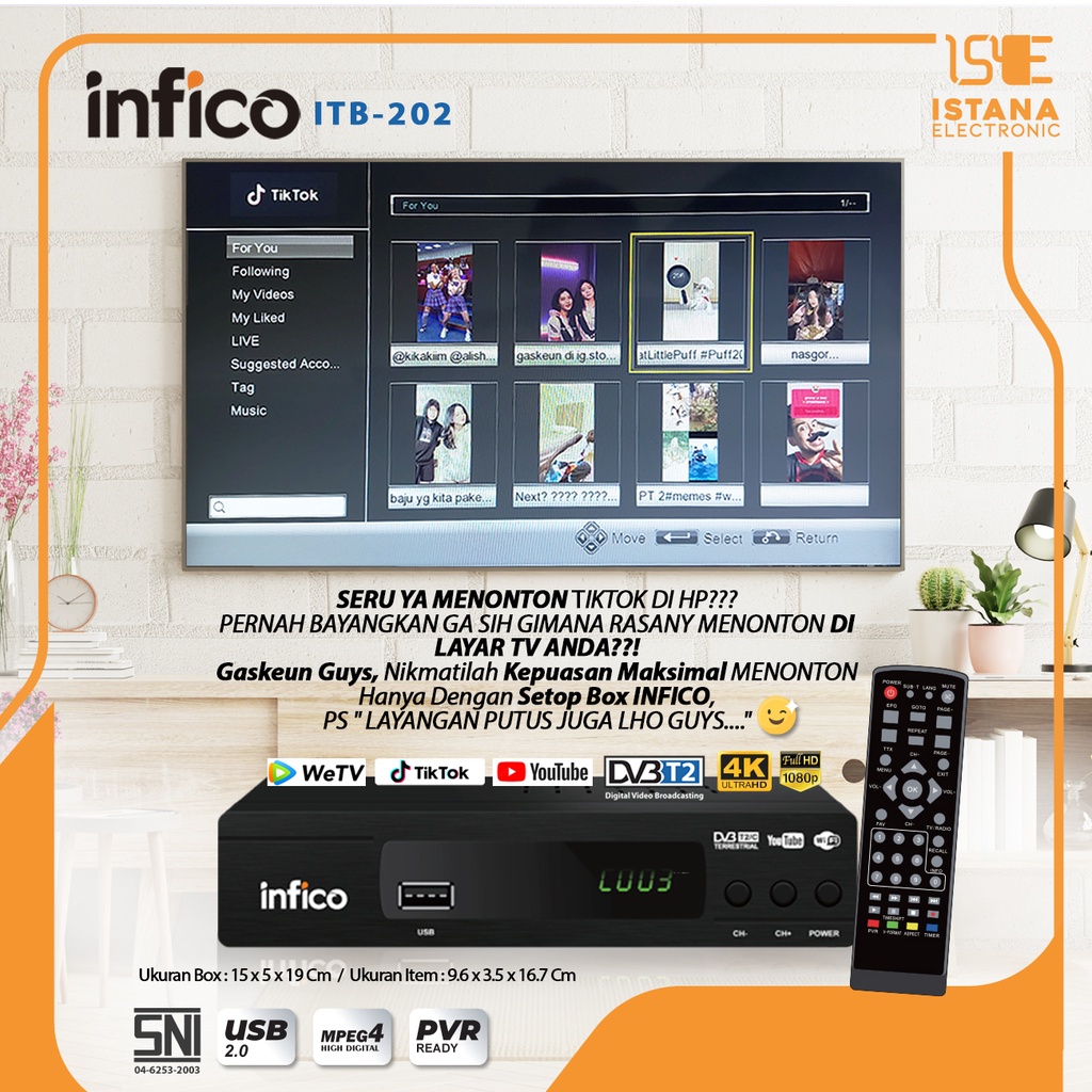 [COD] TERDAFTAR DI KOMINFO! SETOP BOX + Wifi dongle Murah Merk INFICO ORIGINAL SERTIFIKAT KOMINFO, BER SNI RESMI ! Digital Set Top Box HD / STB Siaran DVB T2 Receiver Ultra HD 4K PROMO MURAH -LAGI DISKON TIKTOK, YOUTUBE, WE TV FREE ONGKIR #