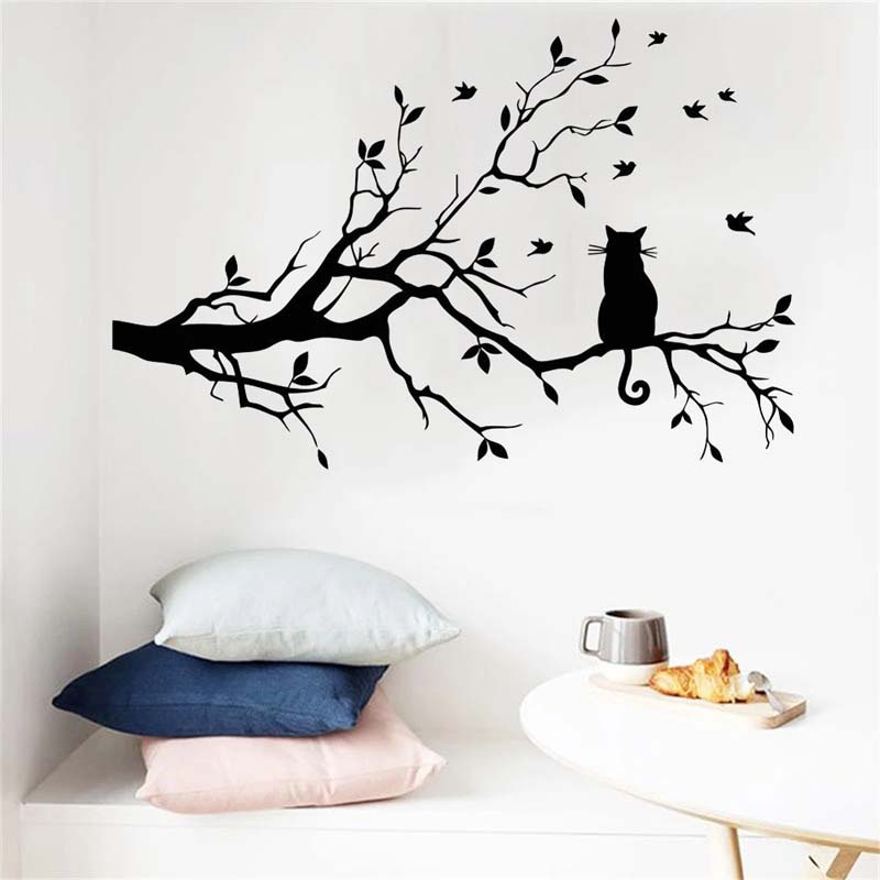 Stiker Dinding Decal Desain Cat on Branch Serba Guna, Dapat Dicopot, 58x38cm