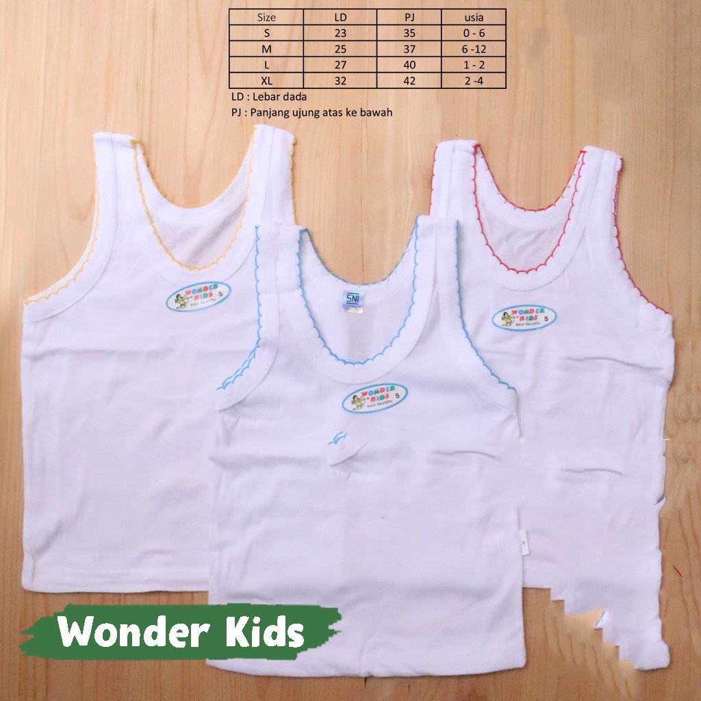 3 Pcs Singlet Wonderkids - Kaos Dalam Anak Laki-Laki / Perempuan - List 3 Warna