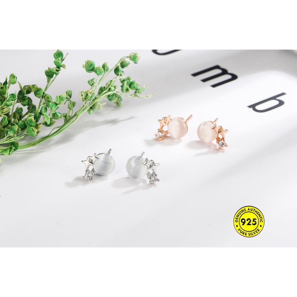 Anting Tusuk Gantung Sterling Silver Desain Bintang Hias Opal Anti Air Untuk Wanita