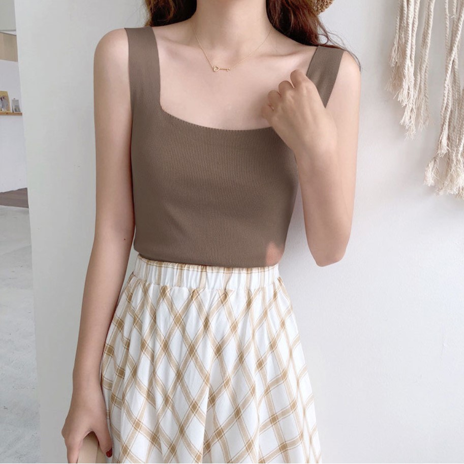 T08 tank top wanita pakaian atasan tanktop cewek korea rajut square neck inner wear-Coklat Tua