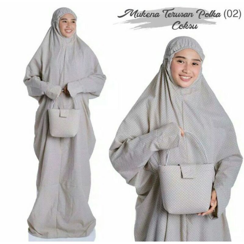 Mukena Langsung Terusan Polkadot Coklat Susu