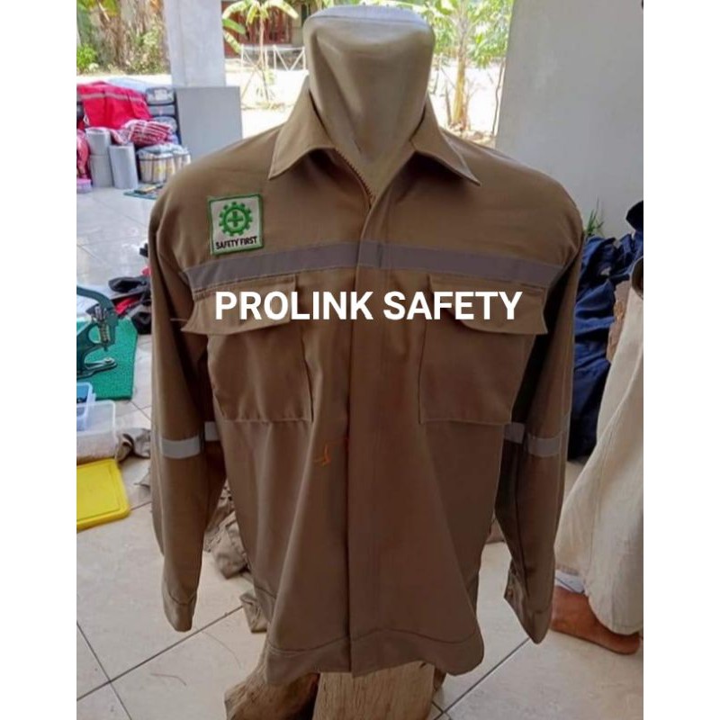 RESLETING BAJU SAFETY COKLAT SUSU BERLOGO K3 BENDERA WEARPACK ATASAN