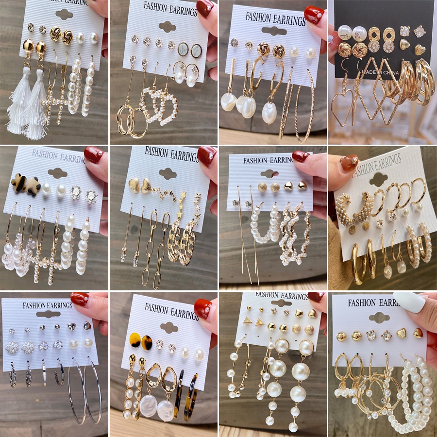 6 / 9 Pcs / Set Anting Hoop Rumbai Kristal Mutiara Kupu-Kupu Hati Oversize Gaya Retro Untuk Wanita