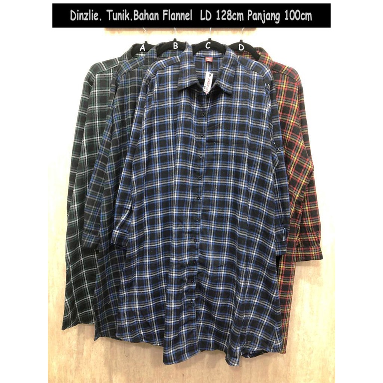 DINZLIE KEMEJA PANJANG WANITA TUNIK DRESS BAHAN FLANEL UKURAN JUMBO BIGSIZE XXXL XXL XL MOTIF KOTAK