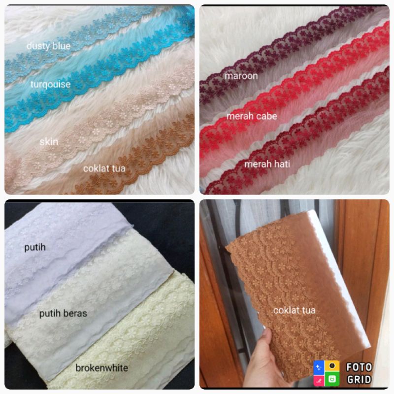 Renda tile bunga bordir rajut brokat gyper / giper katun baju mukena kebaya harga 1 ROLL