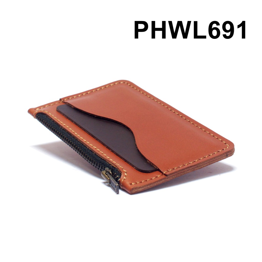 dompet kartu zipper resleting kulit asli tan coklat - PHWL691