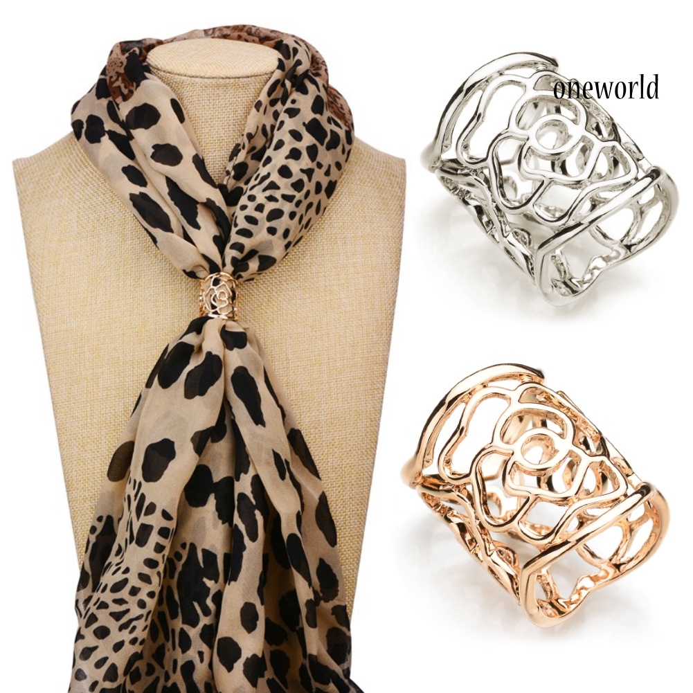 OW@ Fashion Women Openwork Carved Rose Pattern Scarf Ring Buckle Shawl Clip Jewelry