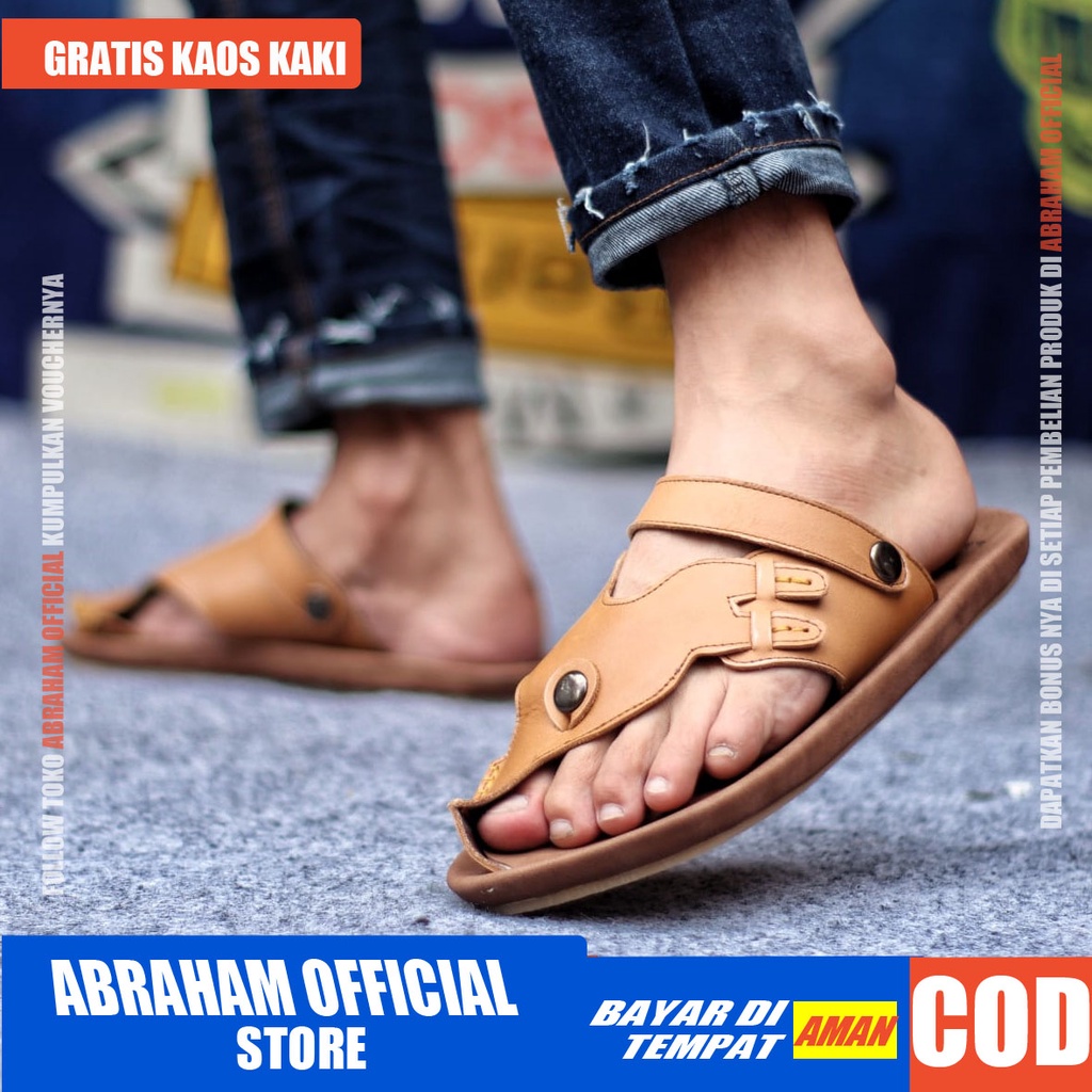 ABRHM LUCKY Sandal Slide Pria Sandal Selop Pria Kulit Asli Sandal Slop Cowok / Cowo Keren Kekinian