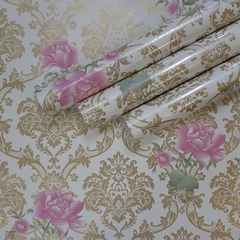 Wallpaper Dinding Motif Batik Gold Rose Pink Ukuran Panjang 10Meter x Lebar 45CM