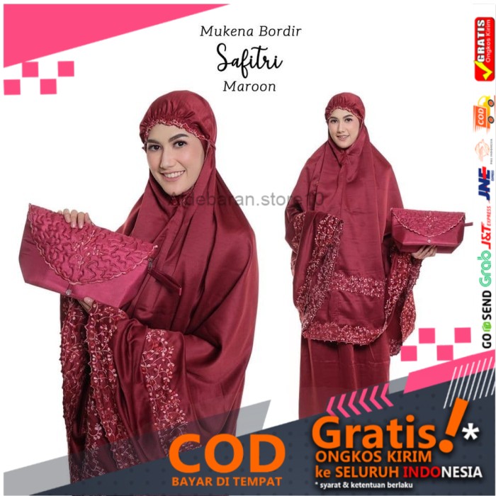 RUKUH MUKENA MUKENA DEWASA BORDIR SAFITRI MAROON FREE SAJADAH TAS