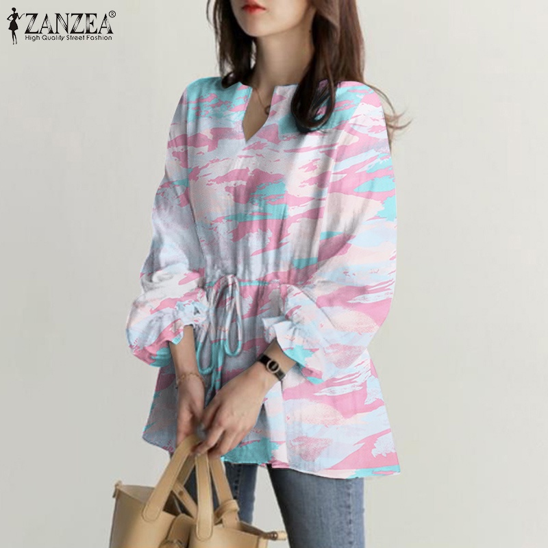 ZANZEA Spring Casual Long Sleeved V Neck Top Printed Elastic Cuff Holiday Blouse