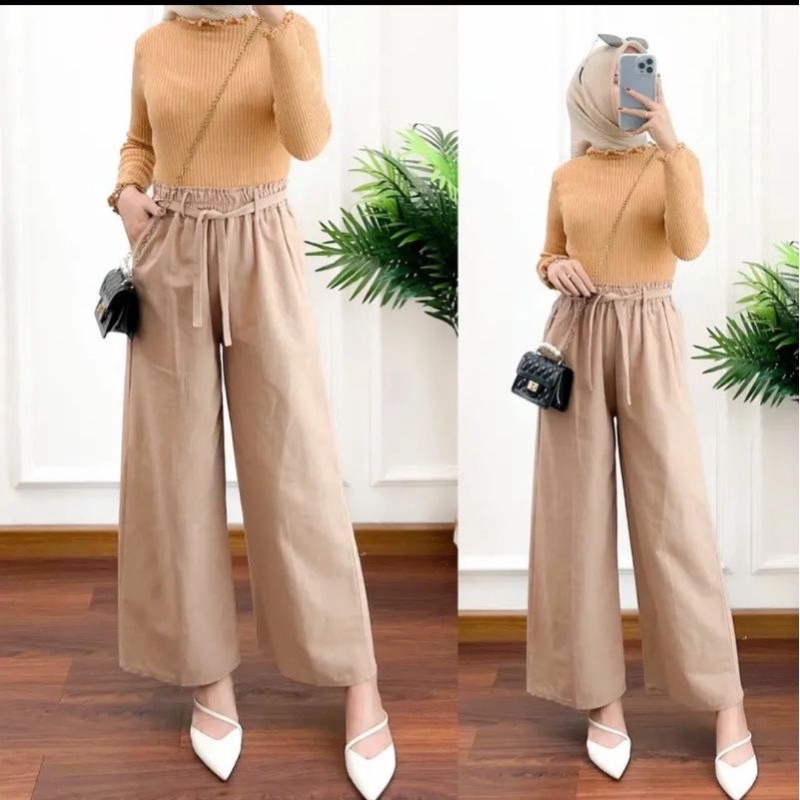 Jennie Pants Celana Kulot Linen Crinkle Highwaist Cullote Pants