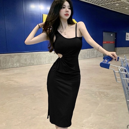 Women Round Drawstring Slit Sleeveless Midi Dress Wanita Tanpa Lengan 1476 (S-XL)