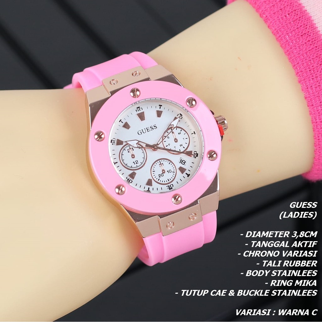 JAM TANGAN WANITA GUESS TALI RUBBER BODY BULAT TANGGAL AKTIF CHRONO OFF