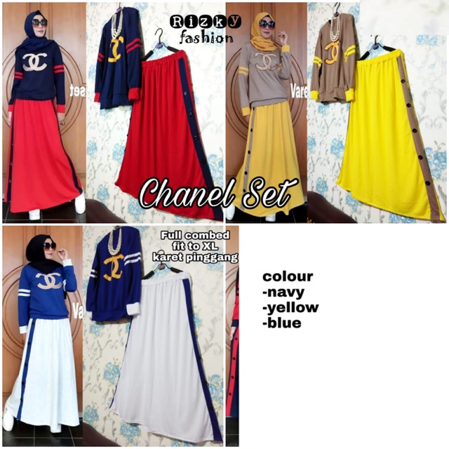 Chanel set (ready navy rok merah)