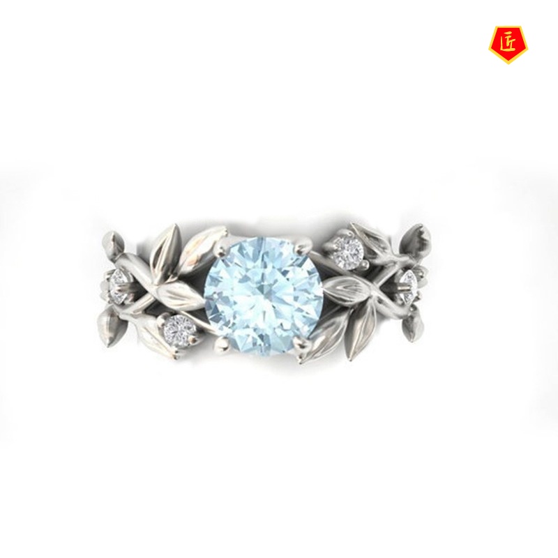 [Ready Stock]Creative Diamond Sapphire Olive Leaf Ring