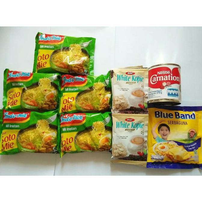 

Terlaris# Paket 9 Mie Soto 5 Pcs,Boaz White Coffee 10'S 1,Carnation 1,Blueband 1