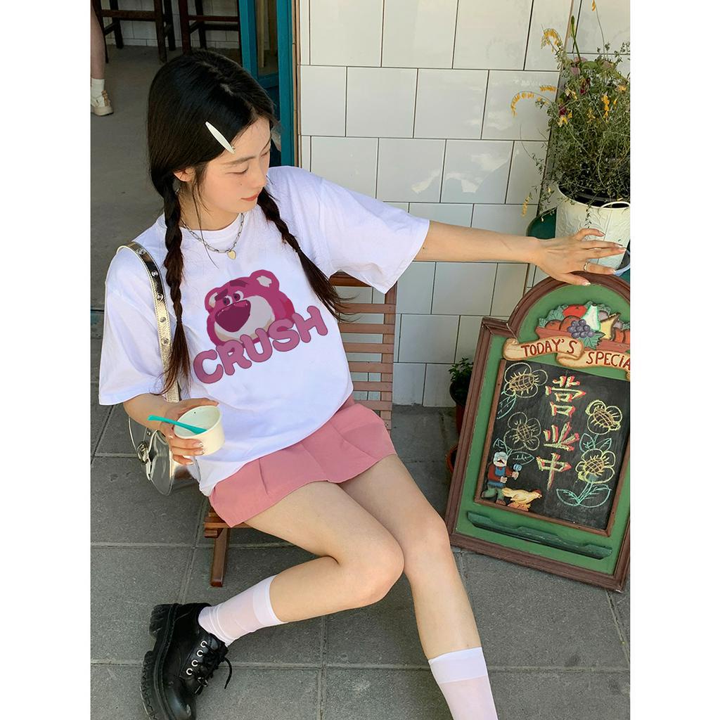 EUNII T-shirt Lengan Pendek Cartoon Crush Strawberry Bear Korean Style/Kaos Atasan Wanita/Baju Kaus Oversize Wanita/Kaos Wanita