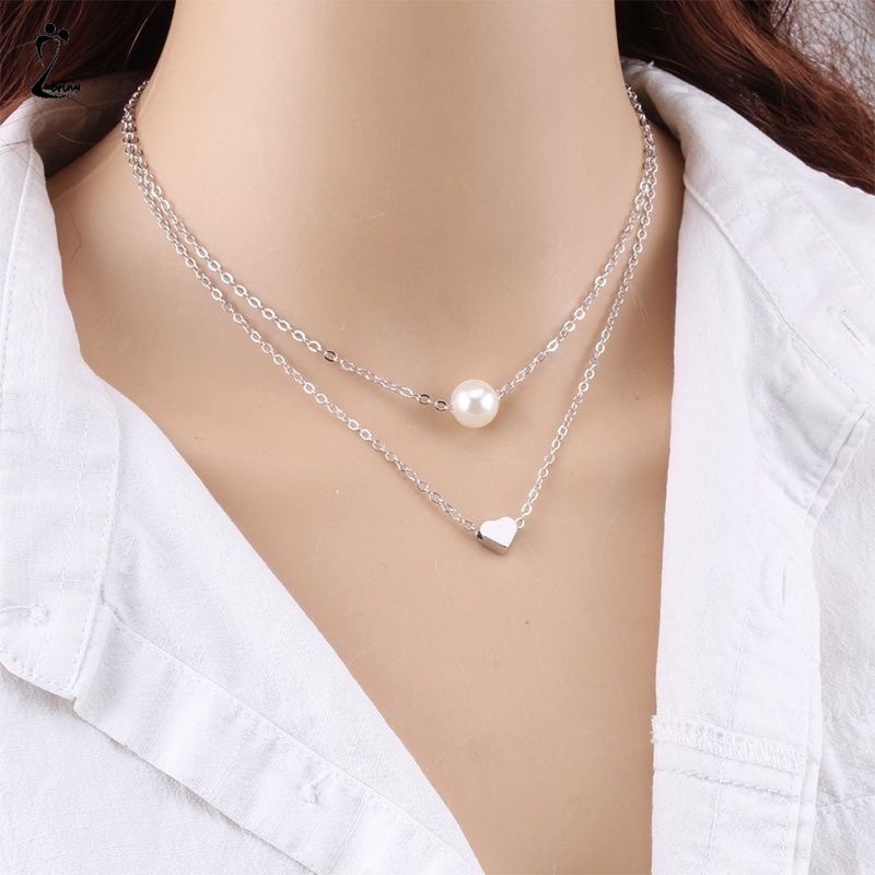 FerenHongXia Kalung Rantai Klavikula Pendek Multilayer Aksen Mutiara Ganda Untuk Hadiah Ulang kalung hati kalung layer