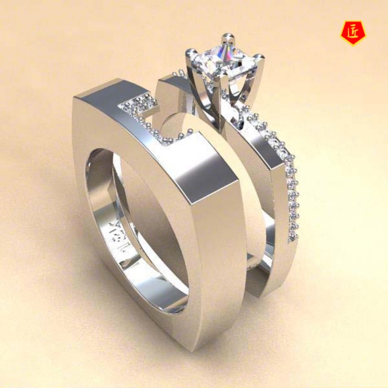 [Ready Stock]Creative Square Inlaid Diamond Ring Set