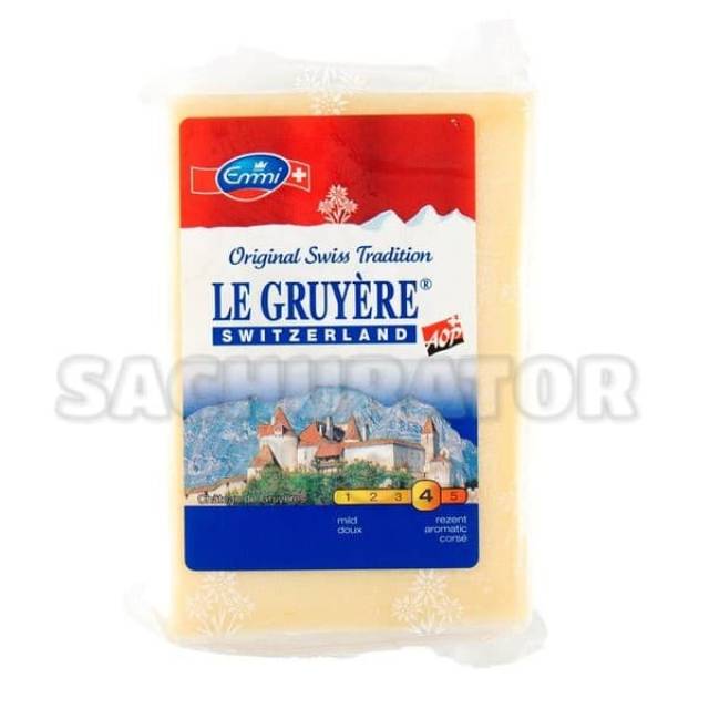 

Keju Blok Import Emi Emmi Gruyer Gruyere Gruyerre Swiss Switzerland Cheese Block 200 gr Vacum Pack