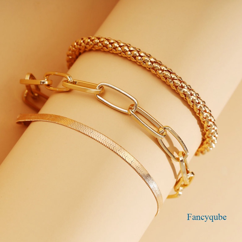 3pcs / Set Gelang Rantai Ular Tebal Warna Emas / Silver Gaya Vintage Untuk Wanita