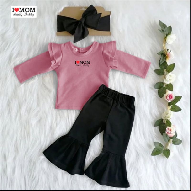 Stelan Kaos Anak Perempuan Atasan Lengan Panjang Variasi Kerutan Sablon I ❤️ MOM Celana Cutbray 1-8 Tahun Matt Babyterry/Set Lala Kids