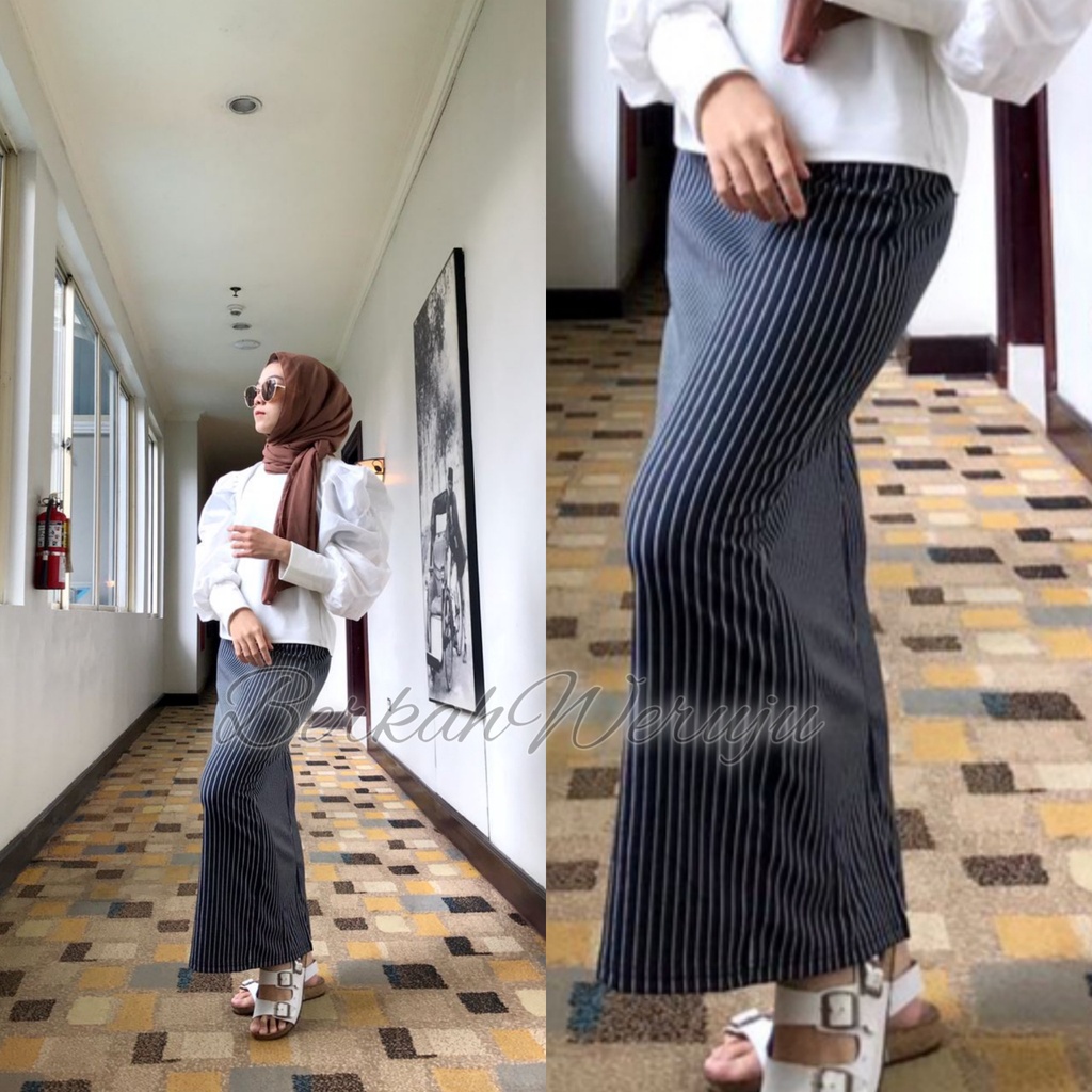 Rok Span Panjang Wanita Dewasa Bahan Scuba Tebal Motif Garis Aneka Warna Terbaru