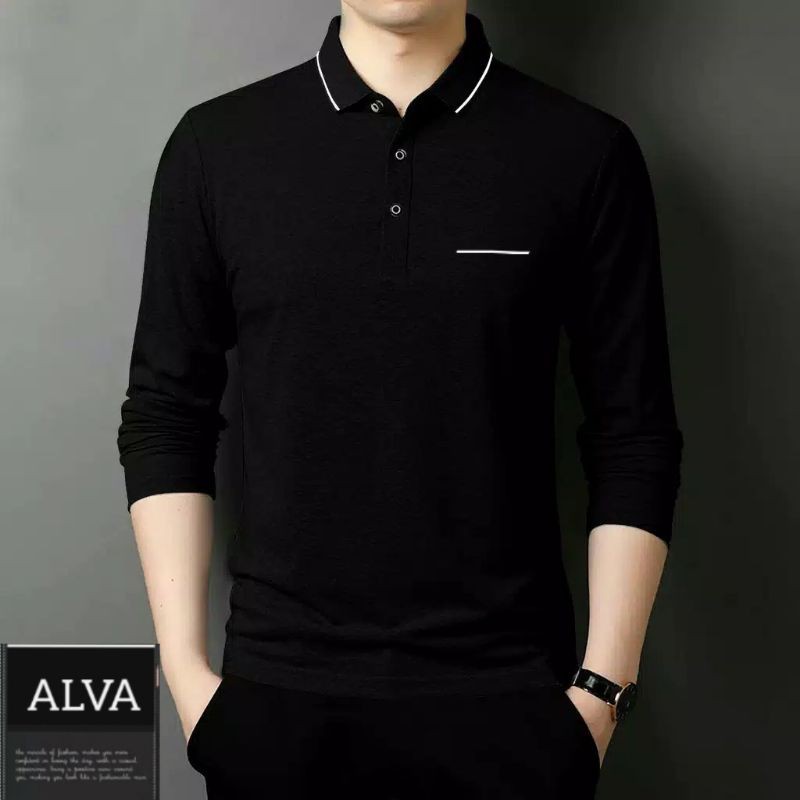 Kaos Saku Polos Lengan panjang pria Berkerah  Cotton Combed 24s