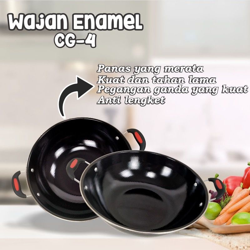 KUALI WAJAN ENAMEL KUPING 34CM / KUALI HITAM / KUALI MASAK 2 KUPING / KUALI GORENGAN / KUALI GORENG 