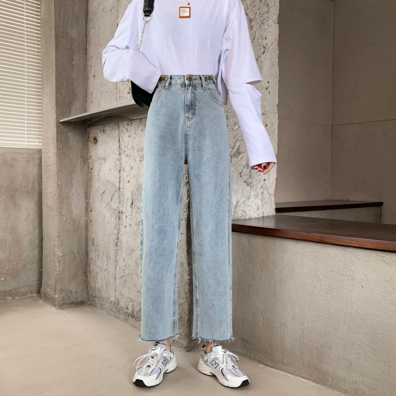 korean style new biru muda straight boyfriend celana jeans longgar wanita