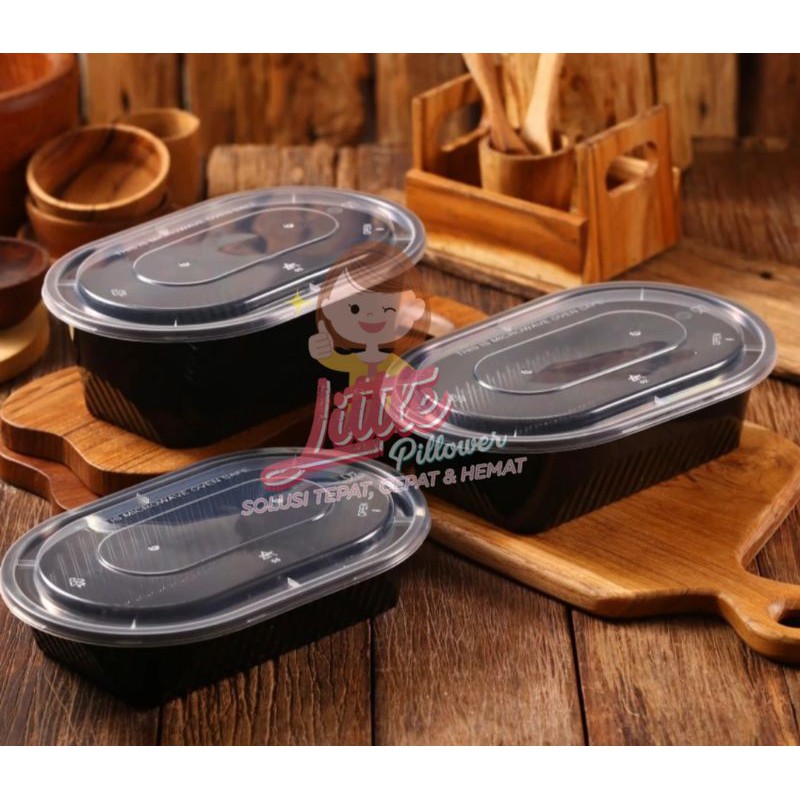 (ISI 25PCS - OVAL 600ML HITAM) Thinwall OVAL 600ml HITAM/ lunch box plastik/ kotak bento / thinwall