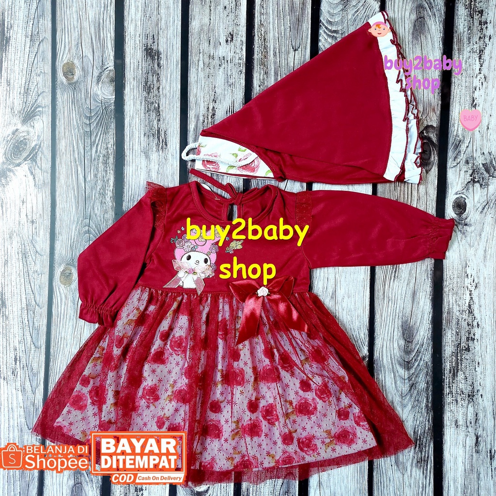 Baju lebaran bayi set gamis panjang dengan jilbab motif flower series Baby Flower