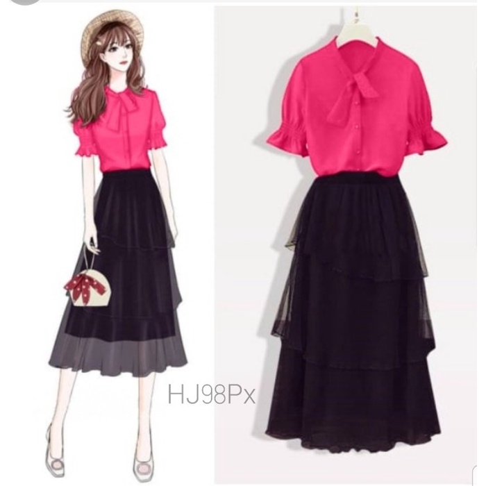 F287 Dress Cewek Modern St Party VE Setelan Atasan Pakaian Wanita Mosscrepe Rok Panjang Furing
