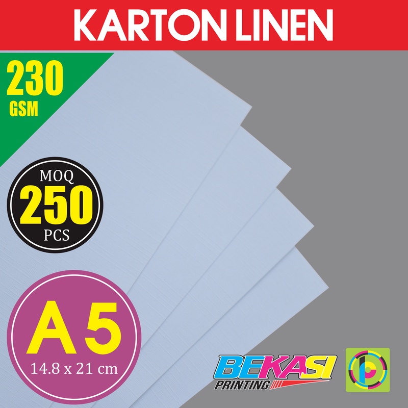 

Kertas Karton Carton LINEN PUTIH 230 GSM Ukuran A5 14.8x21 cm isi 250 Lbr