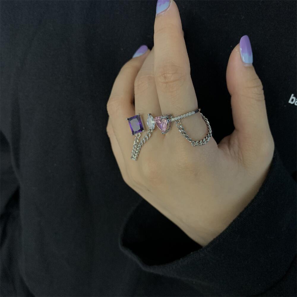 Mxbeauty Cincin Pembukaan Perempuan Dapat Disesuaikan Rantai Sederhana Punk Ungu Persegi Fashion Perhiasan