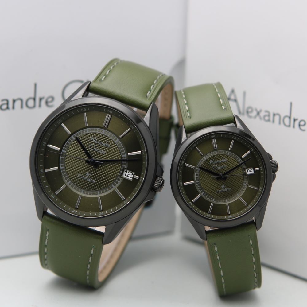 Jam Couple Alexandre Christie AC 8649 Black Green Leather Original