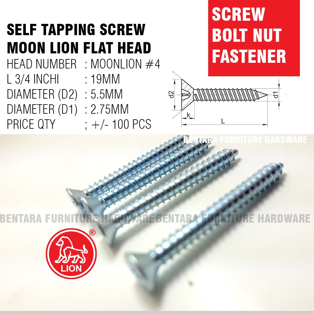 100 x Moon Lion Skrup #4 x 20MM - Self Tapping Flat Head Screw (Skrup Lion #4 X 3/4&quot;)