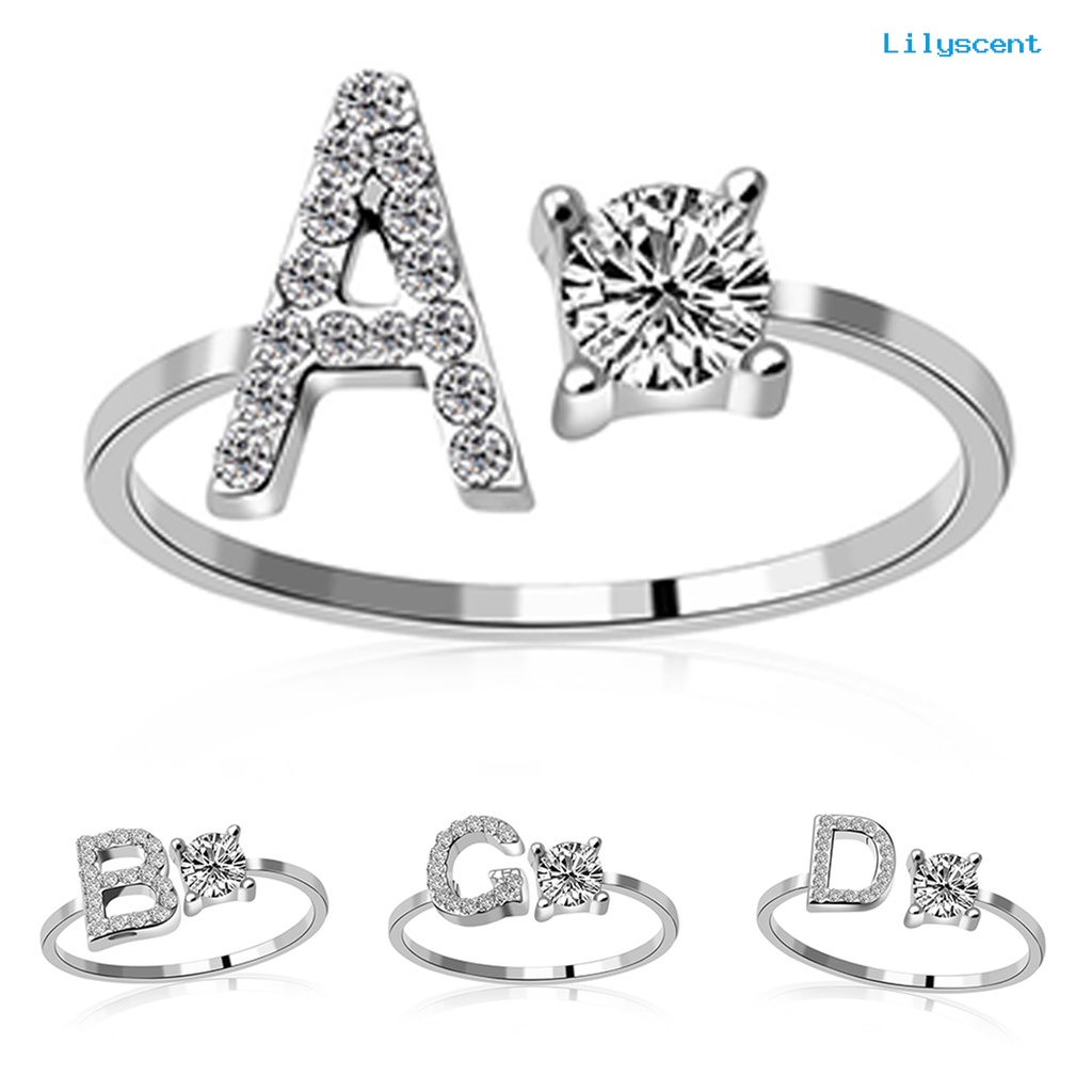 Cincin Model Terbuka Adjustable Desain Alfabet Warna Silver Untuk Wanita