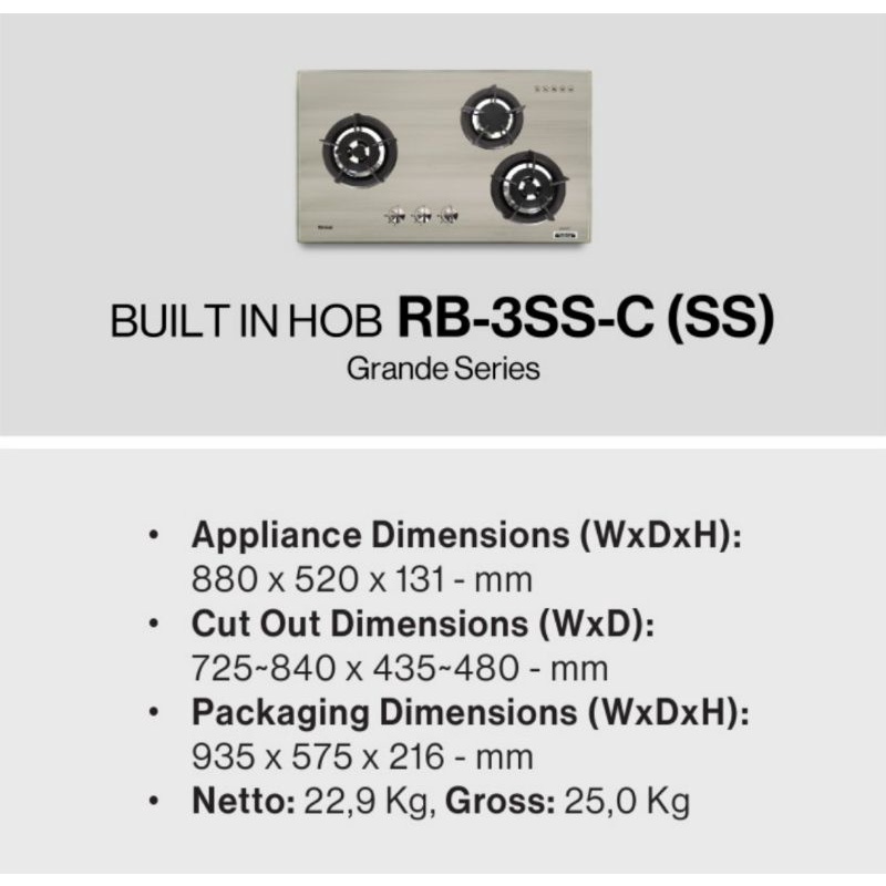 Kompor Tanam gas Rinnai RB-3SS-C (SS)/  Stainless RB3SSC 3 tungku 70cm