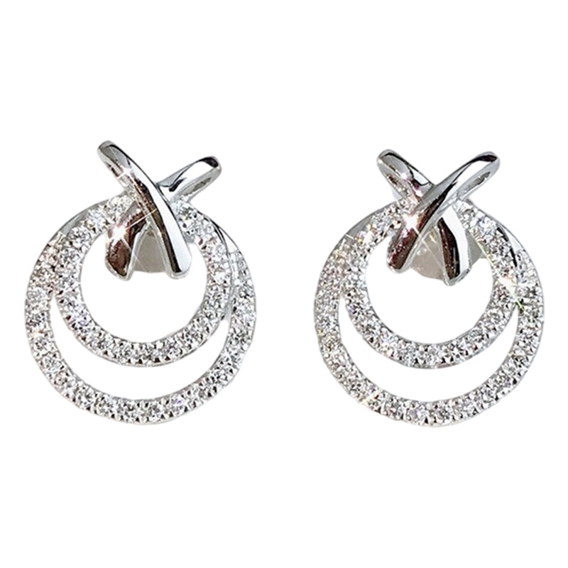 Anting Stud Cubic Zirconia Bentuk Lingkaran Warna Silver Putih Untuk Wanita