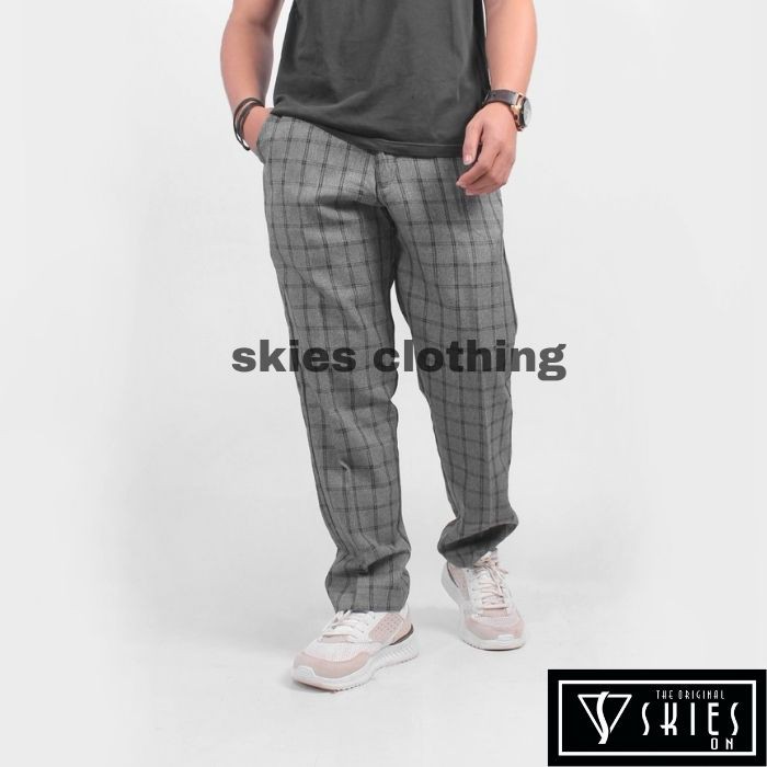 Celana Tartan Panjang Pria Motif Kotak abu Garis Hitam Slimfit Katun Semi Wol Outfit Original Skies