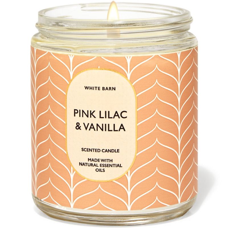 BATH &amp; BODY WORKS BBW PINK LILAC &amp; VANILLA MADE WITH ESSENTIAL OILS WHITE BARN 1 SINGLE WICK SCENTED CANDLE 198 G PENGHARUM RUANGAN