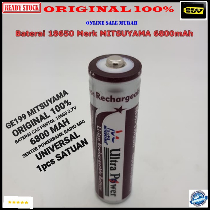 G199 Mitsuyama original 100% 3.7V volt Baterai 18650 PENTOL mah battery batere batery batu batere cas casan charger senter police ultra power vape vapor powerbank 6800 satuan universal multi speaker mik mic  Harga SATUAN BKN SEPASANG  Type Lithium Ion Bat