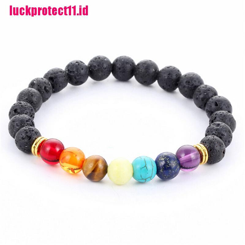 (LUCK) 1pc Gelang Tangan Wanita Manik Batu Lava Rock Chakra Reiki 7 Batu Permata